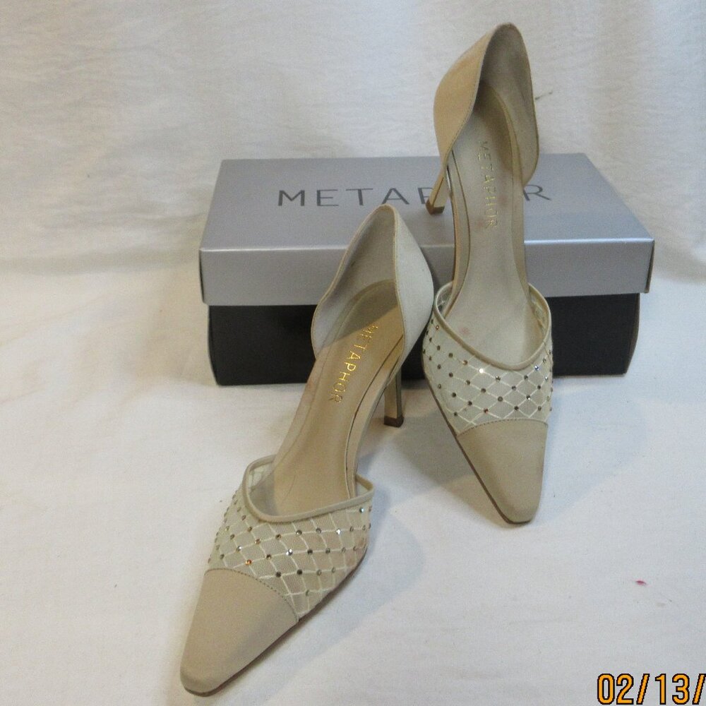 METAPHOR~SHYLA~LEATHER SOLES, SATIN UPPER WITH MESH & RHINESTONES~SZ 7.5~CUTE